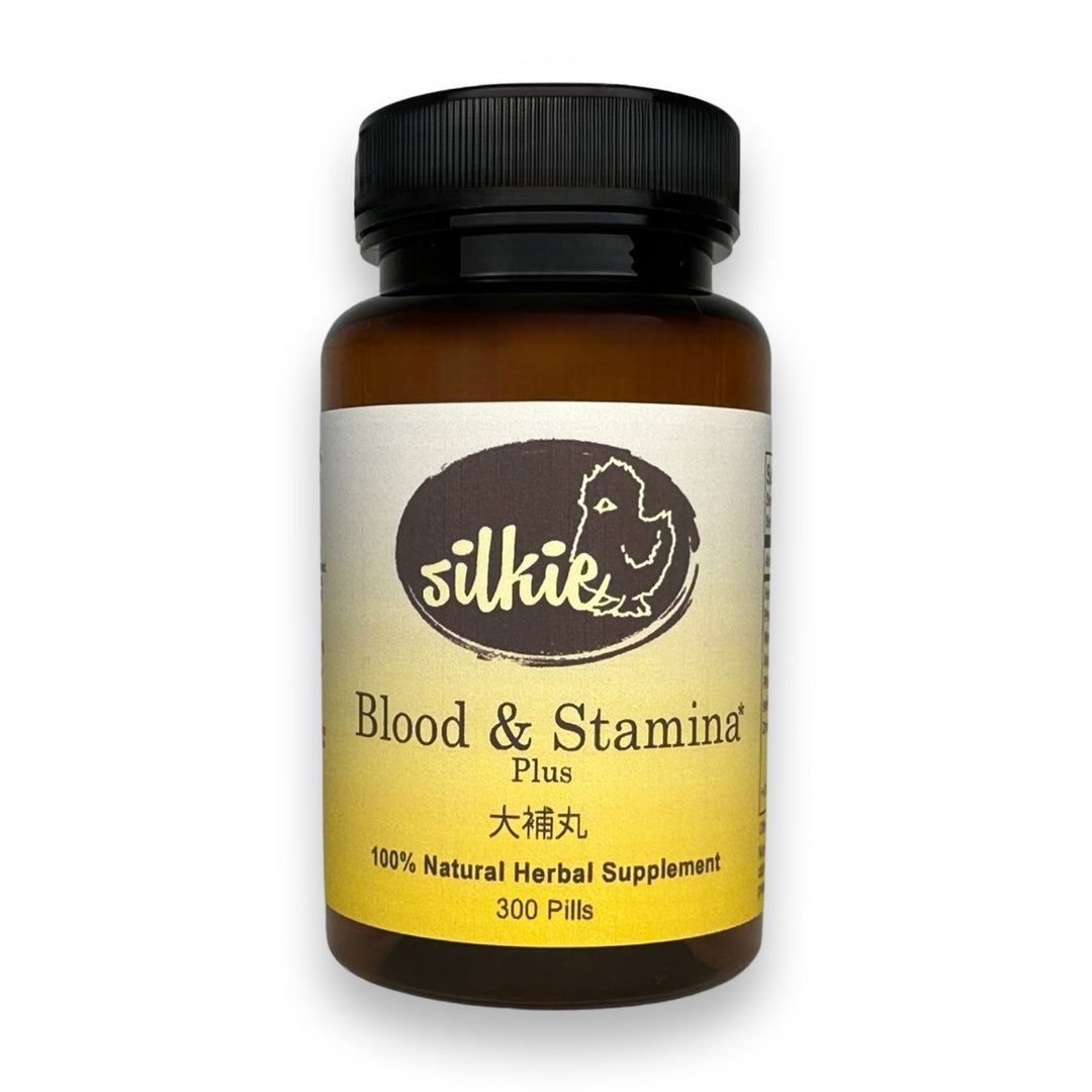 Blood & Stamina Plus by Silkie Herbs supporting healthy energy, Blood, Qi, stamina, and recovery after illness, made and packaged in the USA.