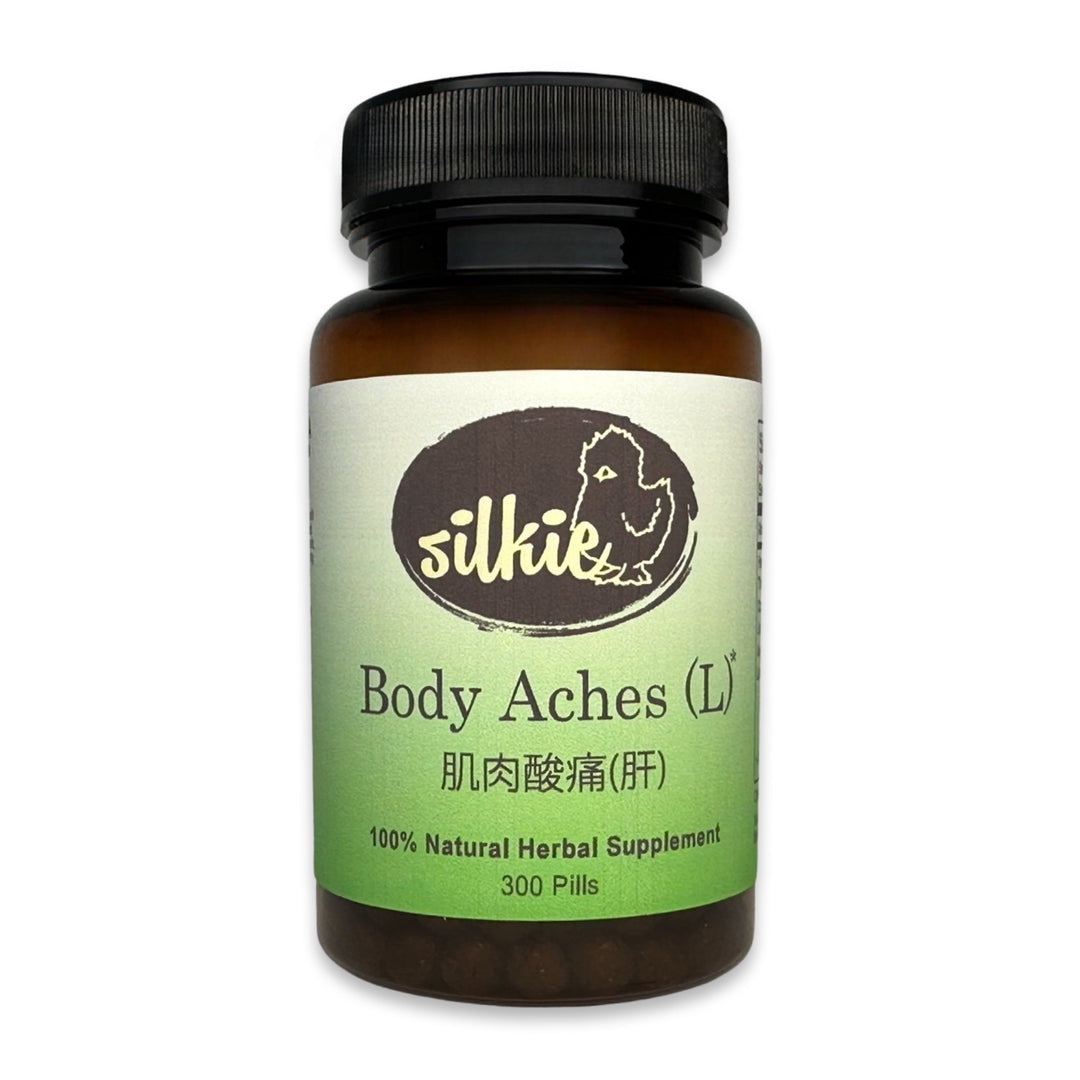 Body Aches Supplement by Silkie Herbs for muscle pain, body soreness, joint discomfort, and pain that worsens with heat, made and packaged in the USA.