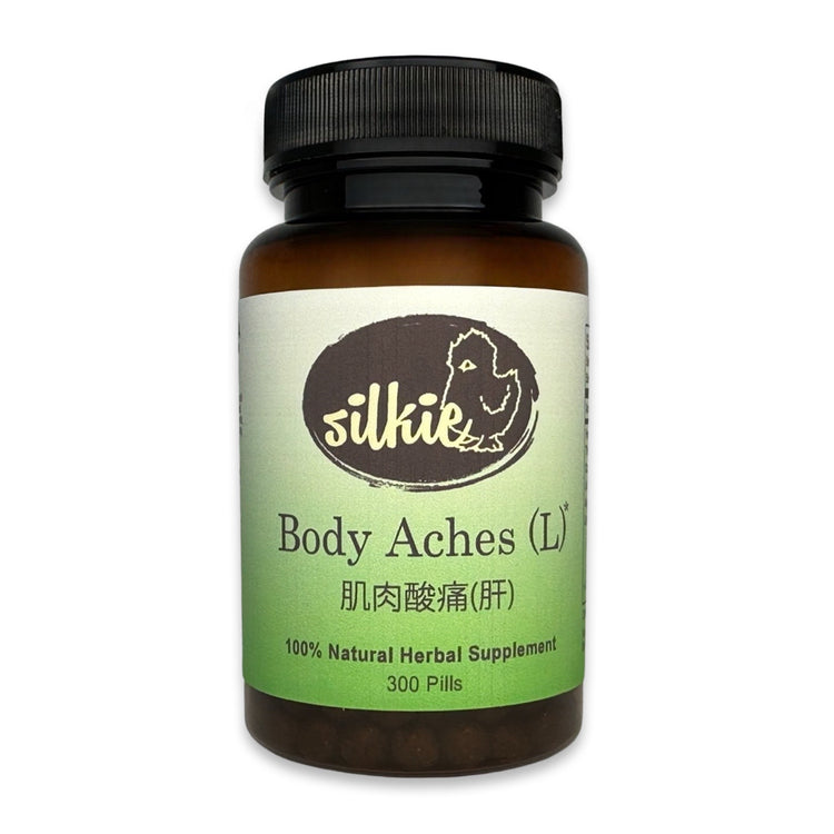 Body Aches Supplement by Silkie Herbs for muscle pain, body soreness, joint discomfort, and pain that worsens with heat, made and packaged in the USA.