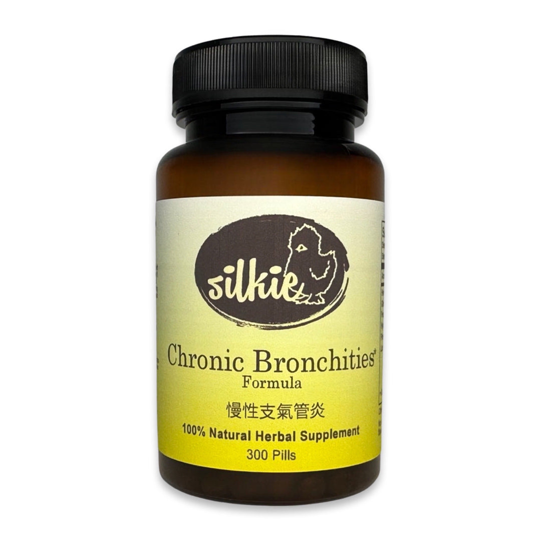 Chronic Bronchitis Supplement by Silkie Herbs for chronic cough, excess phlegm, lung health, and respiratory wellness, made and packaged in the USA.