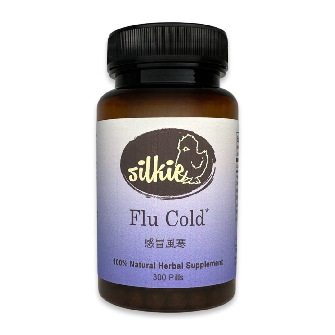 Cold and Flu Relief Supplement by Silkie Herbs for chills, runny nose, sneezing, and early cold support, made and packaged in the USA.