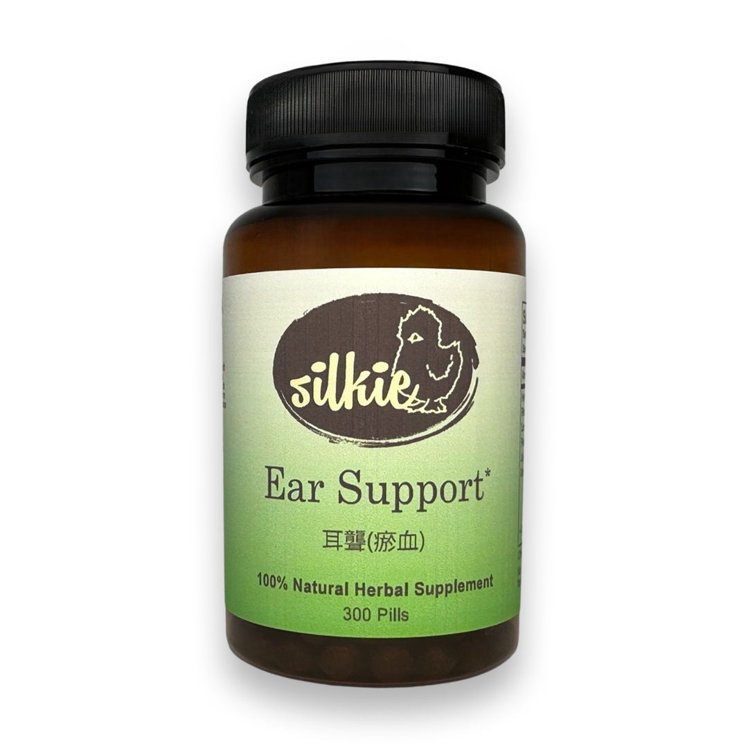 Ear Support Supplement by Silkie Herbs for tinnitus, ringing ears, hearing health, and ear wellness, made and packaged in the USA.