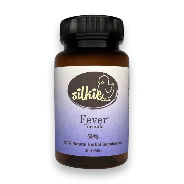 Fever Support Supplement by Silkie Herbs for cold, flu, fever, heat, wind, and digestive imbalance, made and packaged in the USA.