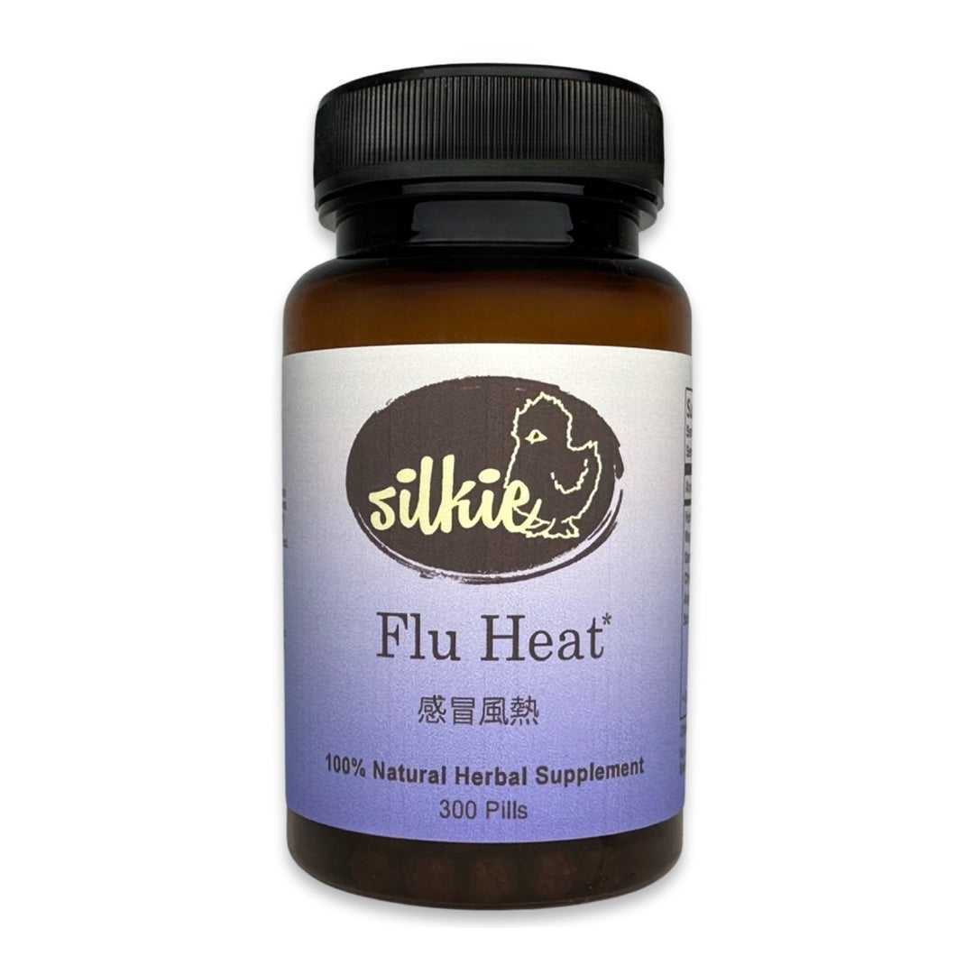 Flu Heat Post Nasal Drip Supplement by Silkie Herbs for sore throat, thick mucus, fever, cough, sinus congestion, and respiratory wellness, made and packaged in the USA.