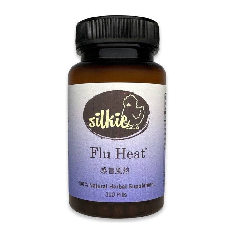 Flu Heat Post Nasal Drip Supplement by Silkie Herbs for sore throat, thick mucus, fever, cough, sinus congestion, and respiratory wellness, made and packaged in the USA.