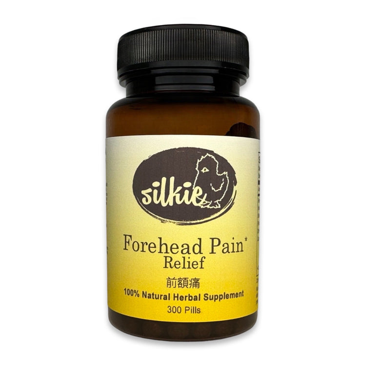 Forehead Pain Relief Supplement by Silkie Herbs for forehead headaches, frontal head pain, and pressure behind the eyes, made and packaged in the USA.