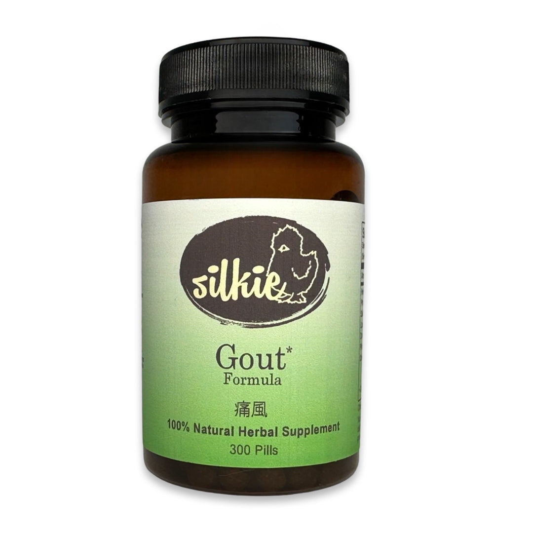 Gout Support Supplement by Silkie Herbs for healthy uric acid balance, joint comfort, mobility, and circulation support, made and packaged in the USA.