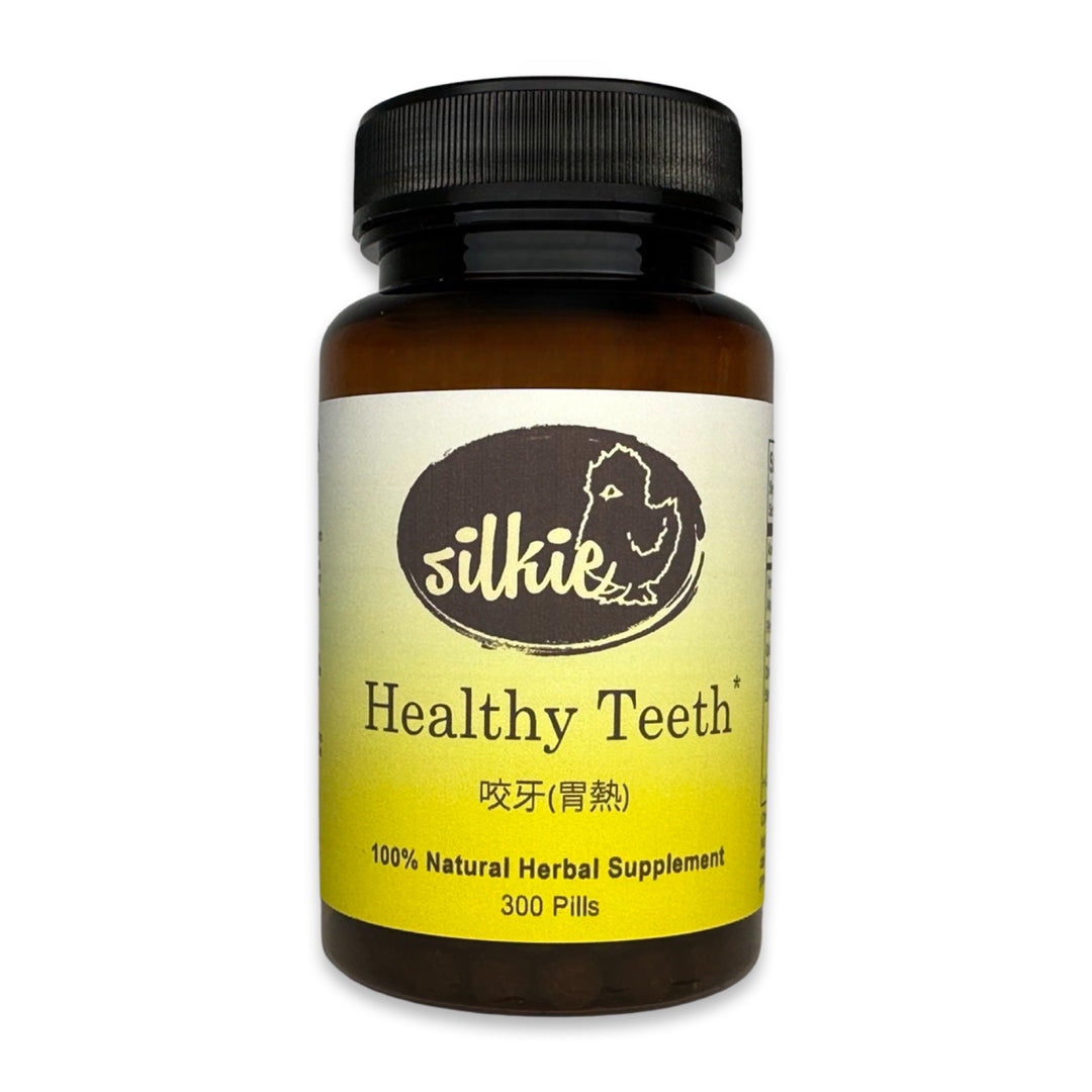 Healthy Teeth Supplement by Silkie Herbs for teeth grinding, toothache relief, gum health, and oral wellness, made and packaged in the USA.