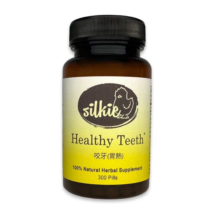 Healthy Teeth Supplement by Silkie Herbs for teeth grinding, toothache relief, gum health, and oral wellness, made and packaged in the USA.