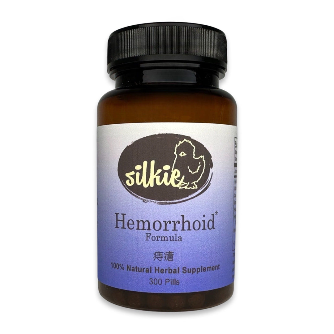 Hemorrhoid Relief Supplement by Silkie Herbs for internal and external hemorrhoids, anal itching, burning, and rectal comfort, made and packaged in the USA.