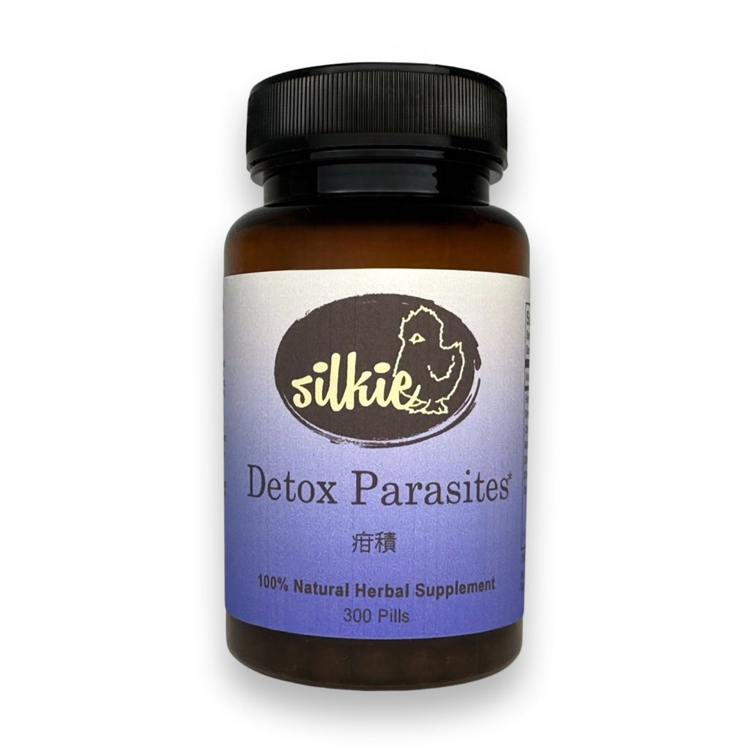 Detox Parasite Supplement by Silkie Herbs for parasite cleanse, digestive health, gut balance, and intestinal wellness, made and packaged in the USA.