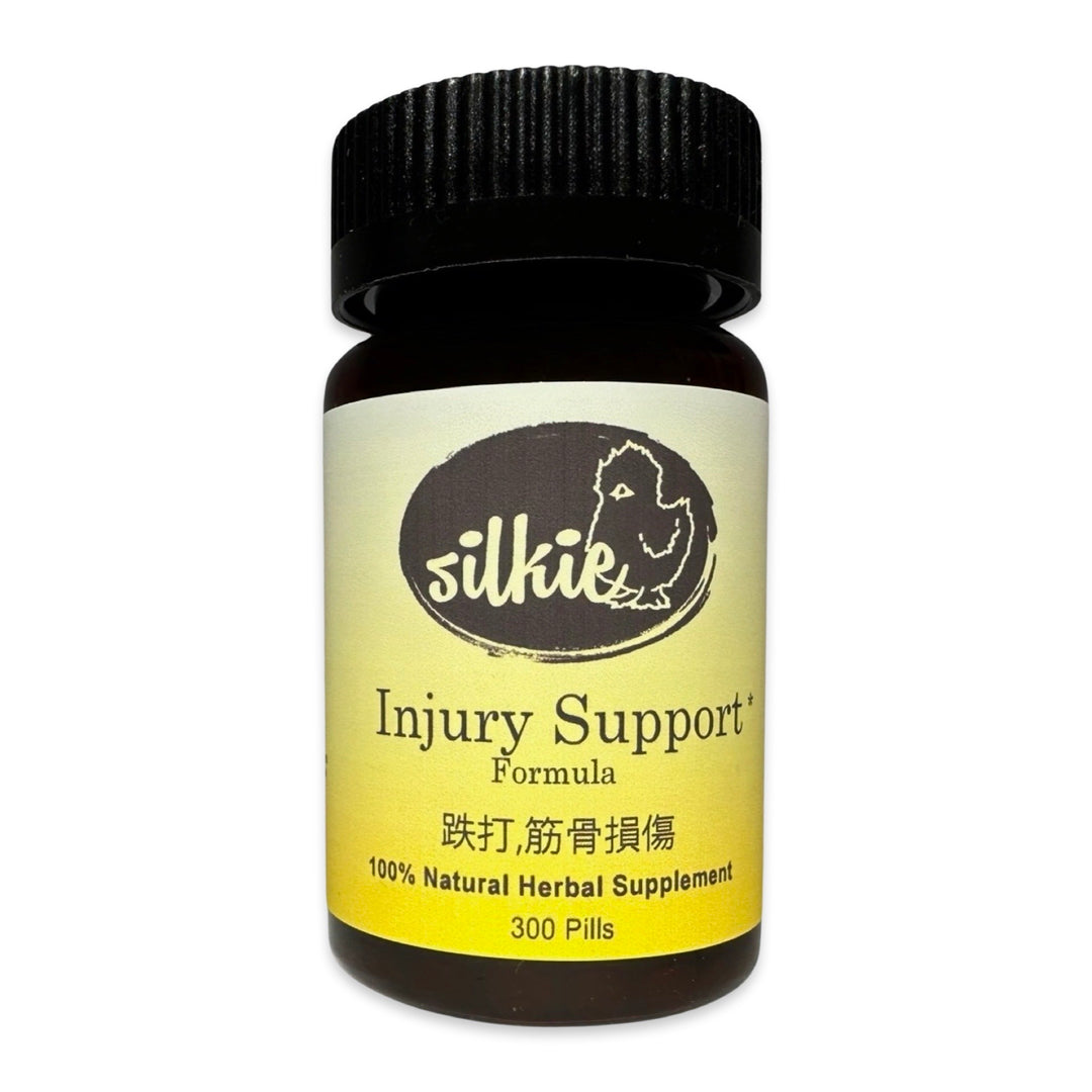 Injury Support Supplement by Silkie Herbs for bone health, muscle recovery, tendon support, and injury rehabilitation, made and packaged in the USA.