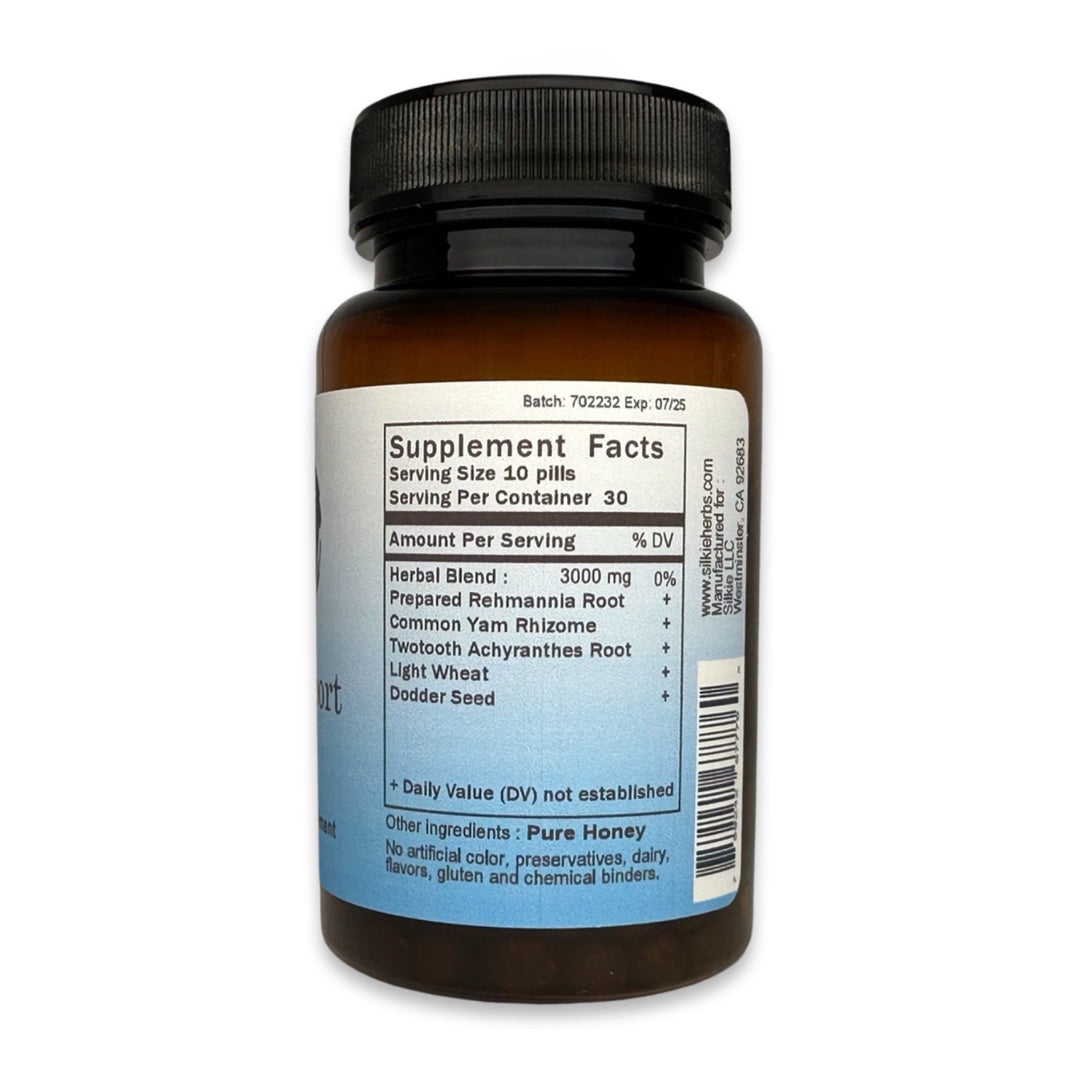 Traditional Chinese herbal Kidney Yin formula supporting healthy hearing, kidney wellness, lower back strength, and foot comfort