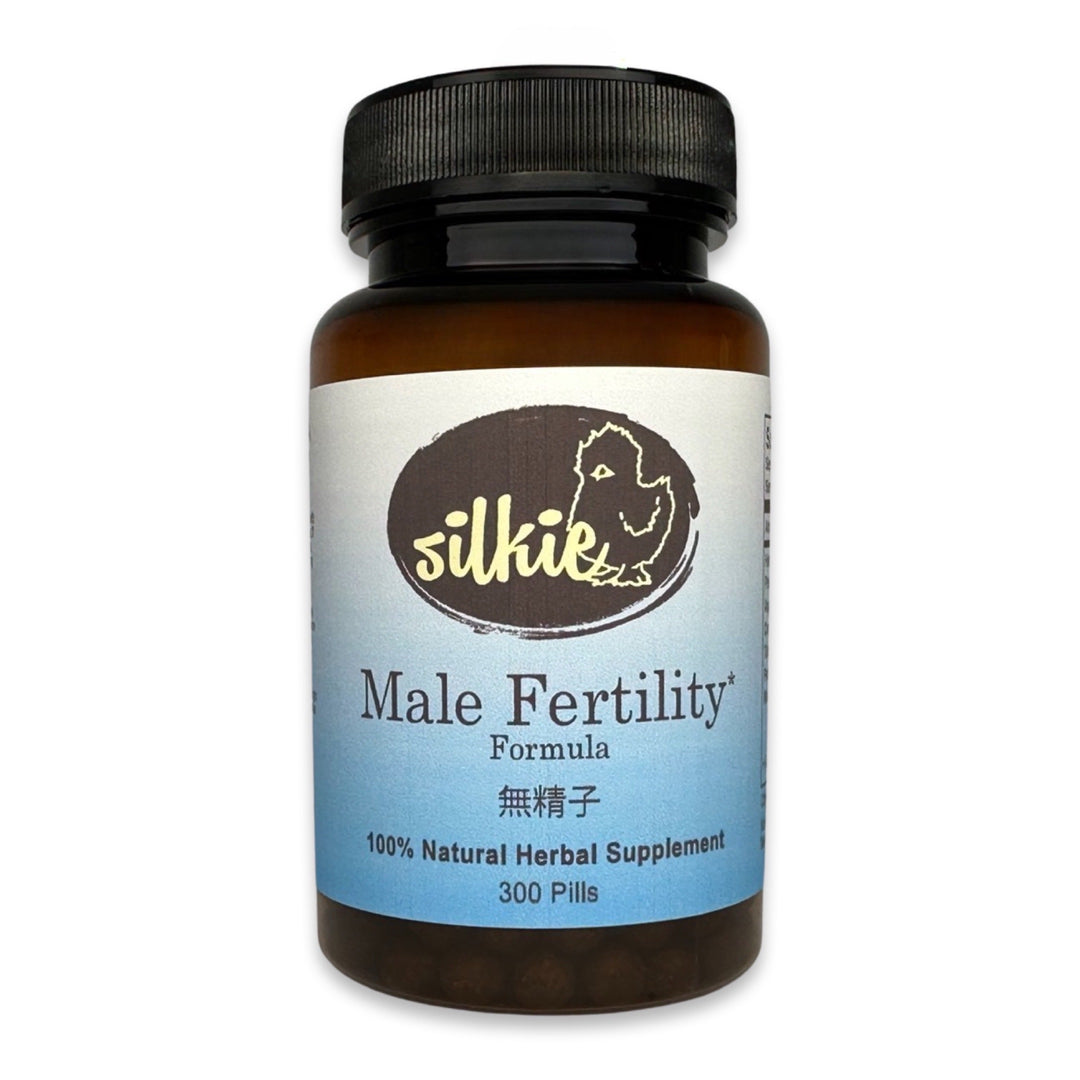 Male Fertility Supplement by Silkie Herbs for healthy sperm production, male reproductive health, and fertility support, made and packaged in the USA.