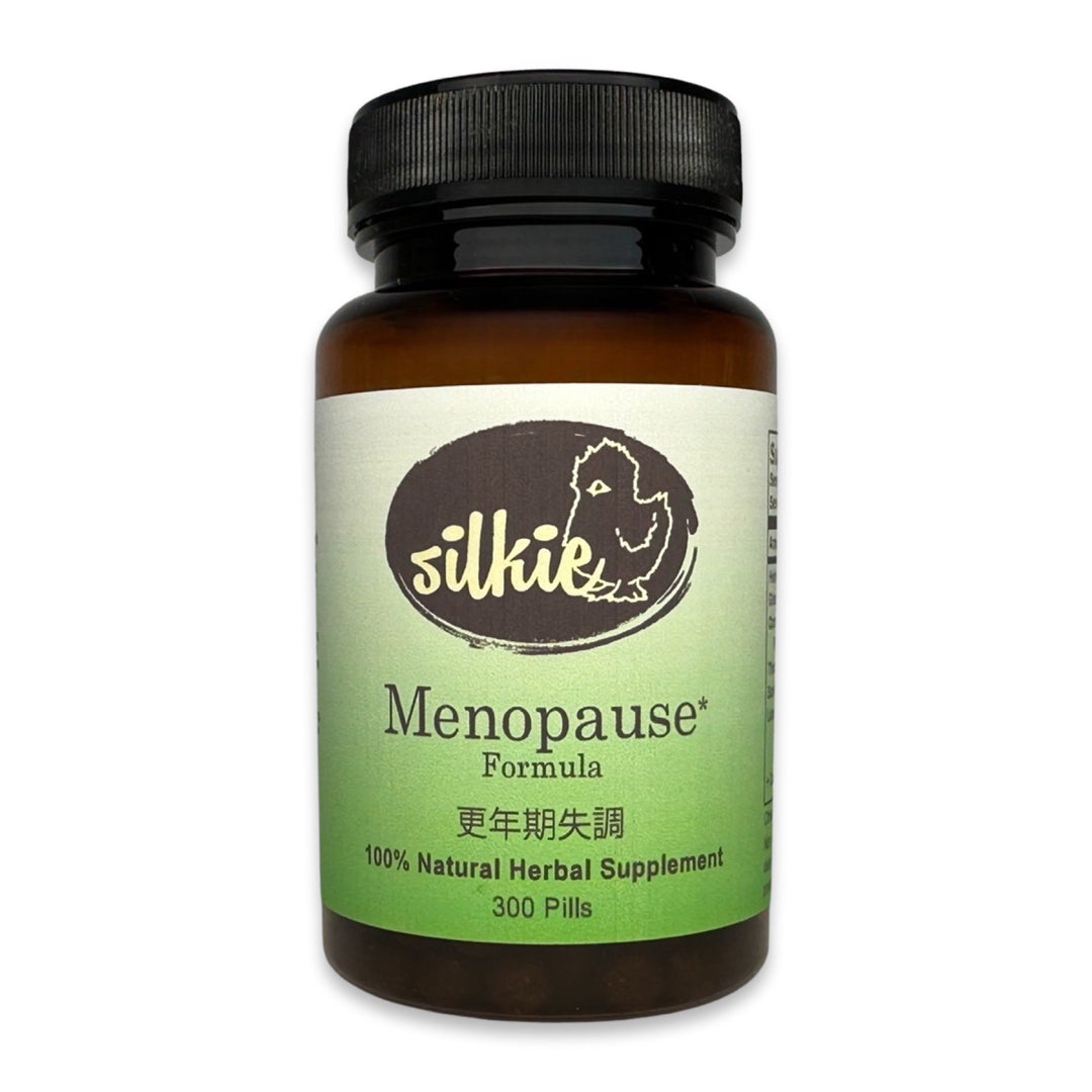 Menopause Support Supplement by Silkie Herbs for hot flashes, night sweats, hormonal balance, and Yin nourishment, made and packaged in the USA.