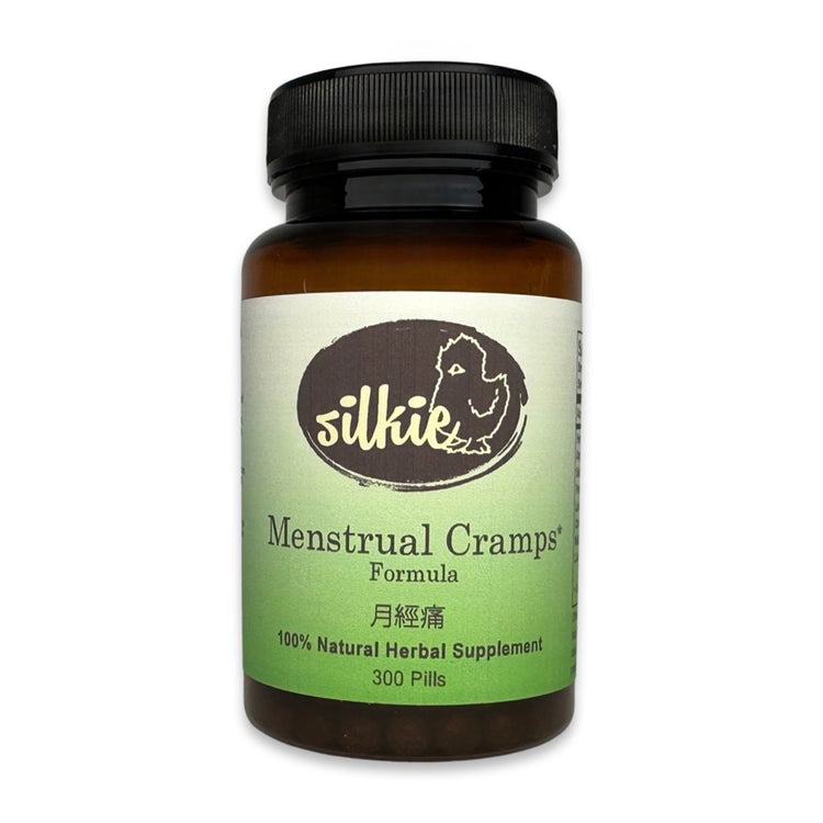 Menstrual Cramp Supplement by Silkie Herbs for period pain support, menstrual comfort, and women's wellness, made and packaged in the USA.