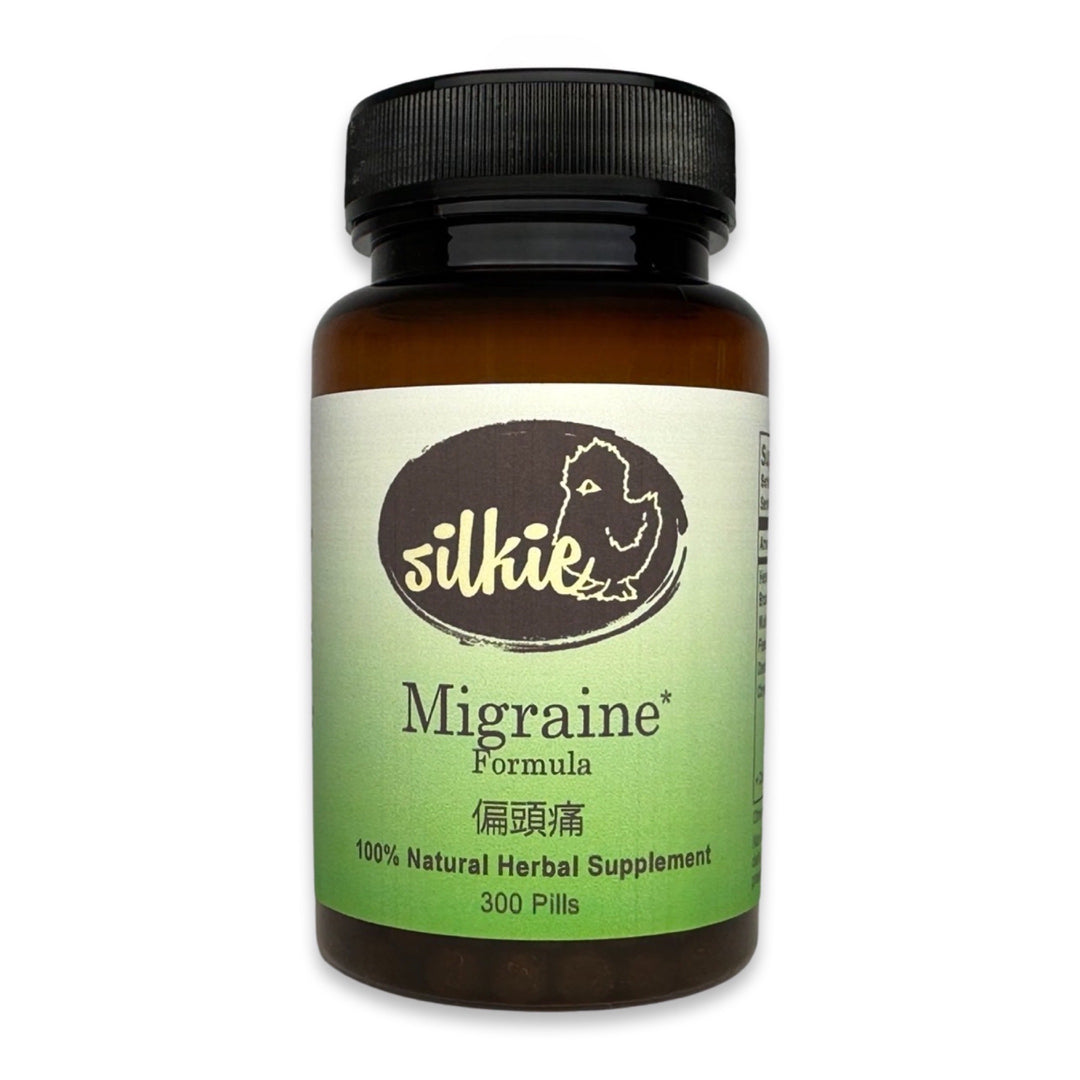 Migraine Relief Supplement by Silkie Herbs for one-sided headaches, recurring migraines, and head comfort, made and packaged in the USA.