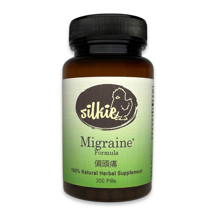 Migraine Relief Supplement by Silkie Herbs for one-sided headaches, recurring migraines, and head comfort, made and packaged in the USA.