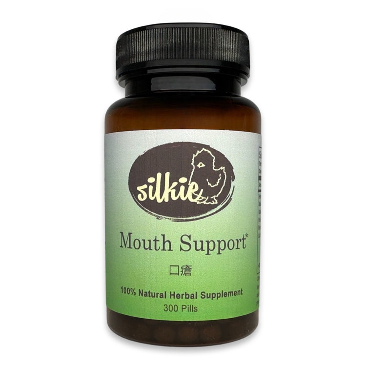 Mouth Ulcer Support Supplement by Silkie Herbs for mouth sores, canker sores, tongue ulcers, gum sores, and lip blisters, made and packaged in the USA.