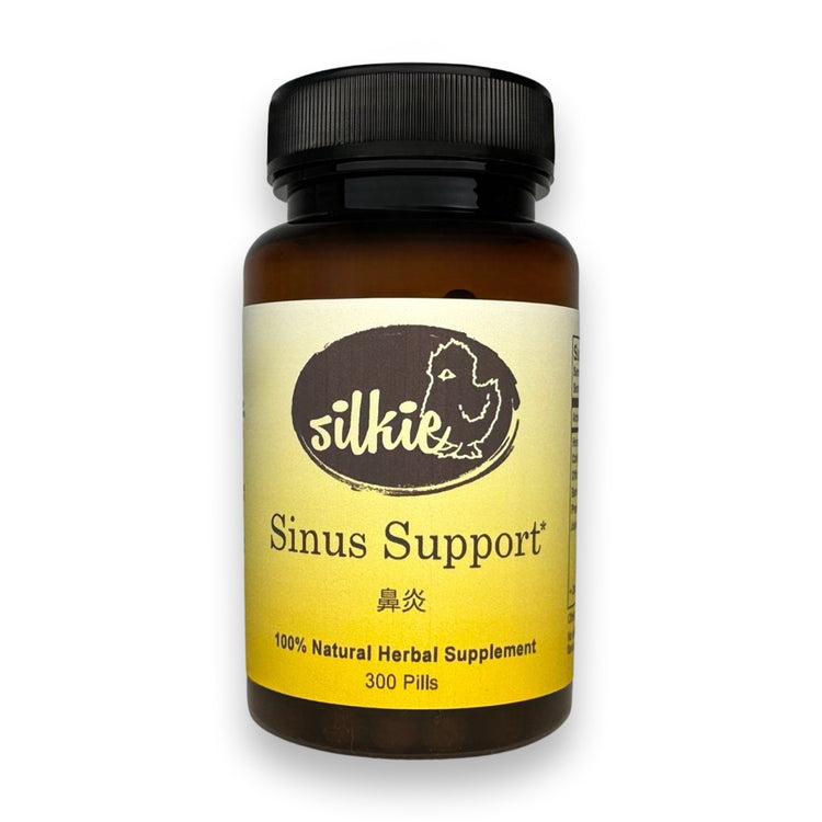 Sinus Support Supplement by Silkie Herbs for nasal congestion, blocked nose, sinus pressure, and healthy breathing, made and packaged in the USA.