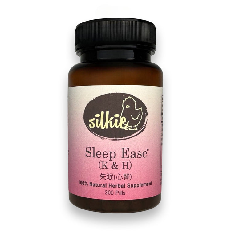 Sleep Ease (K & H) by Silkie Herbs for irregular heartbeat, palpitations, insomnia, and relaxation support, made and packaged in the USA.