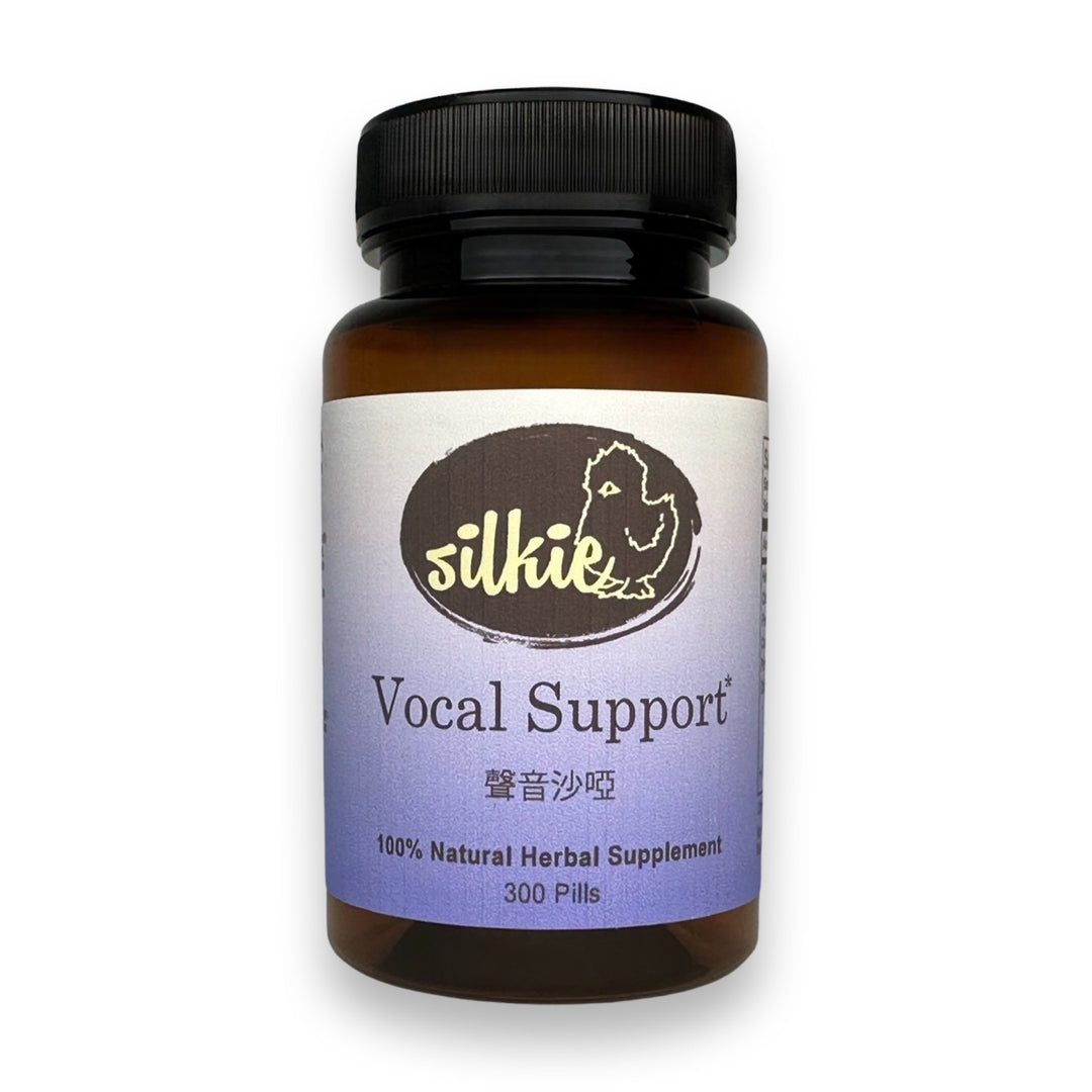 Vocal Support Supplement by Silkie Herbs for voice health, throat comfort, and vocal clarity, made and packaged in the USA.
